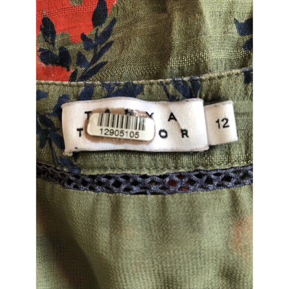 TANYA TAYLOR Ruffle Sleeve Green Red Floral Lined 100% Silk Size 12 V Neck - Picture 5 of 7